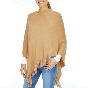 LOFT Sweater Poncho Triangle Fringe Pullover Caramel One Size